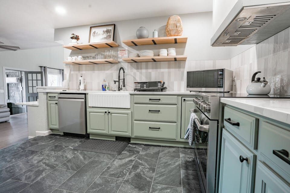 Spacious kitchen setup ideal for cooking, dining, or working