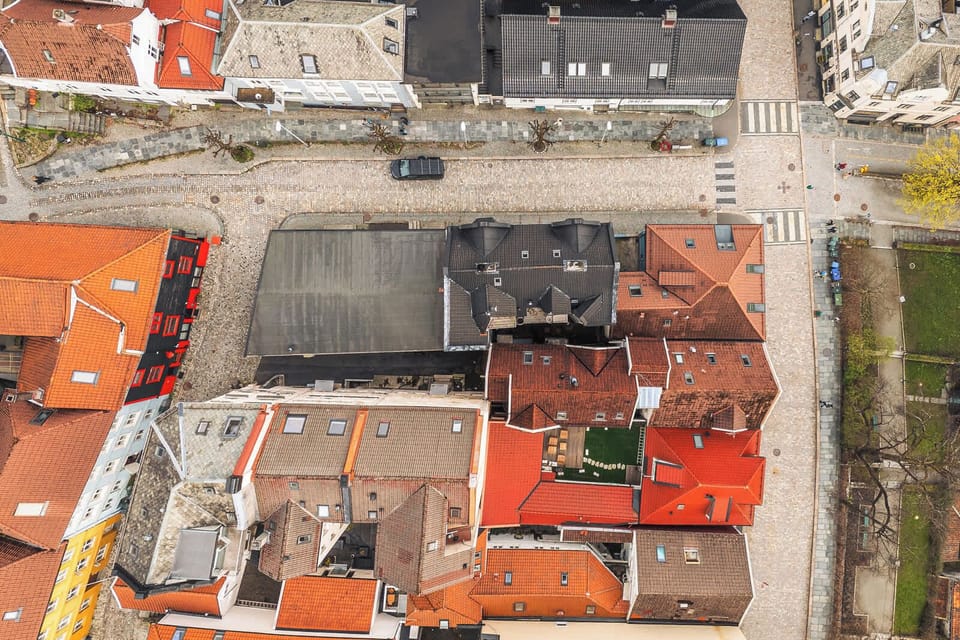 The intricate layout of the buildings and streetscape, showcasing the property's urban design.