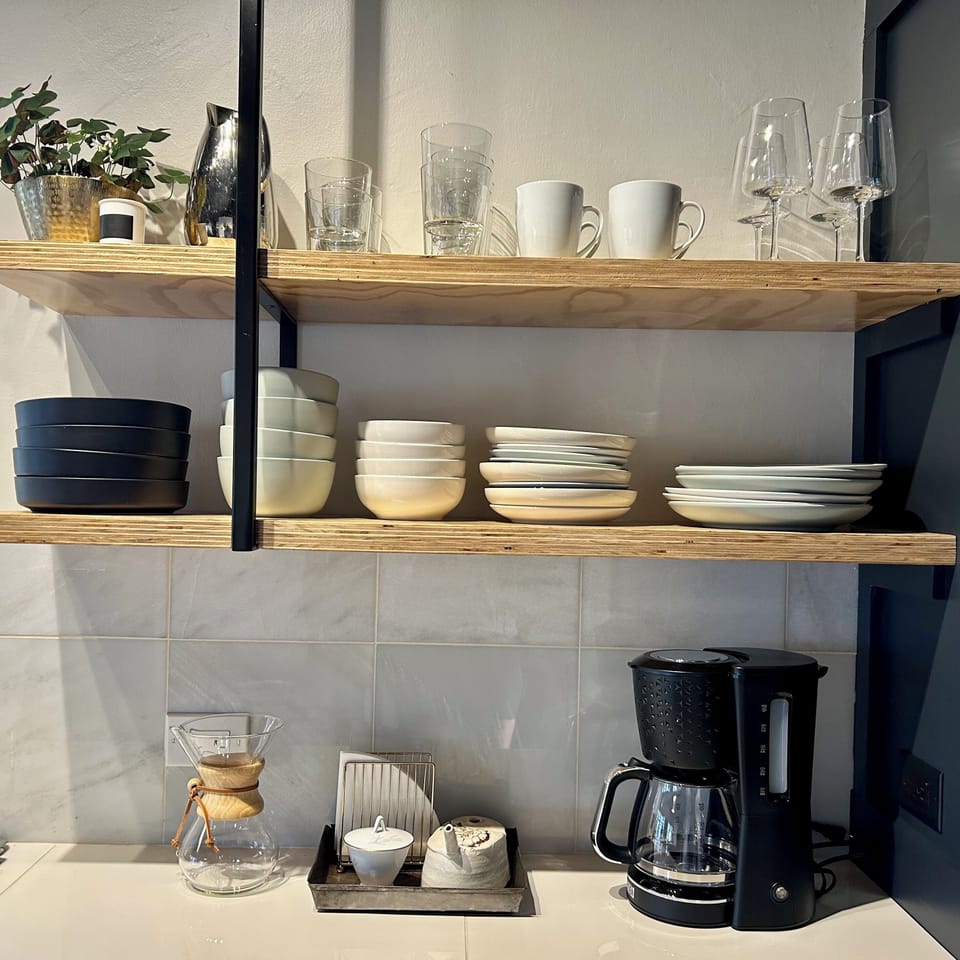 Kitchen close up of open shelving