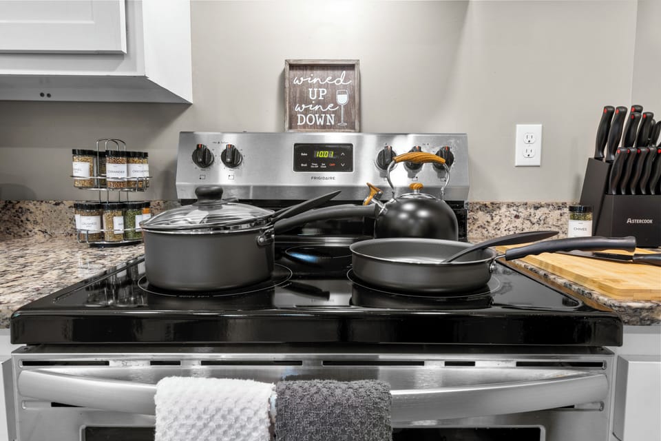 All cookware essentials come fully stocked in our updated kitchen