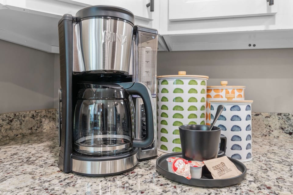 Coffee, Creamer, Sugar, and tea ready to go for your mornings!