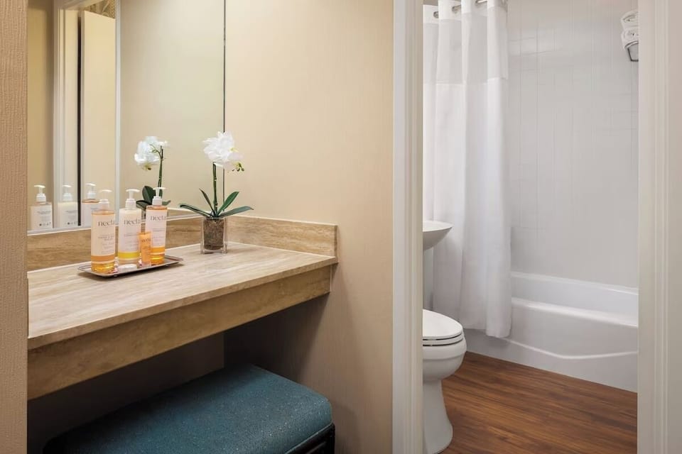 Step into a bright bath with tub-shower and generous counter.