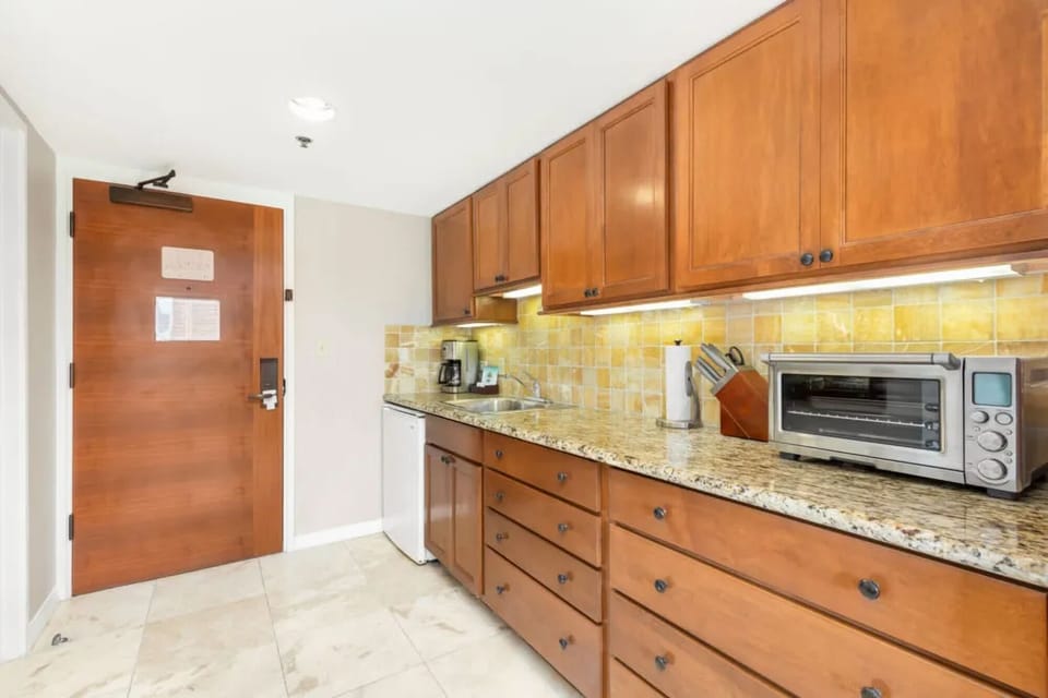Prepare simple meals with generous counters and handy appliances.