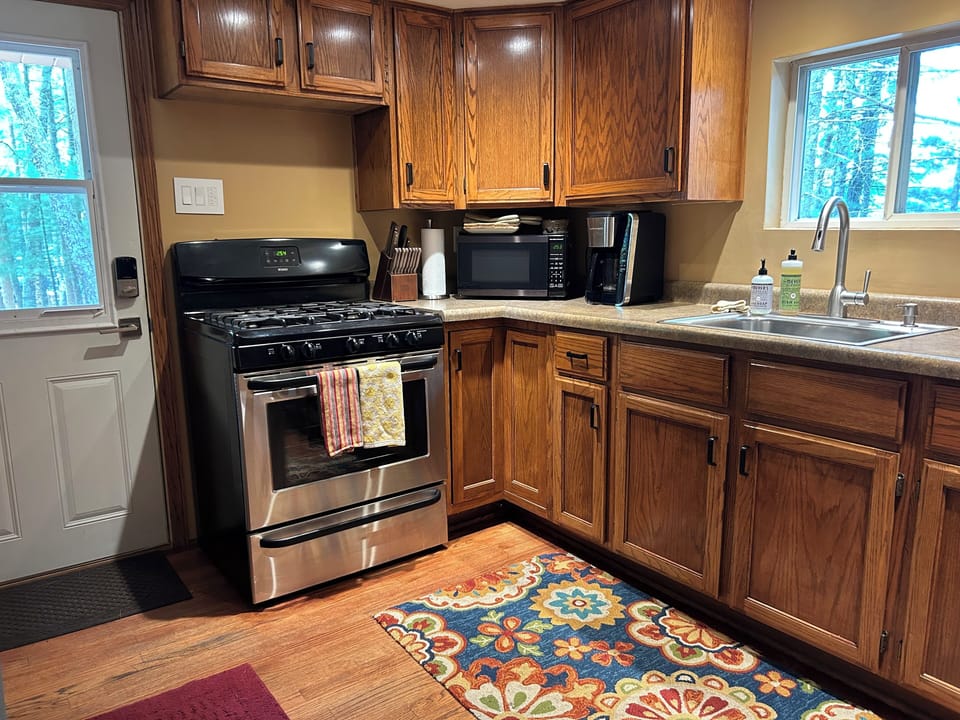 Gas stove, new microwave, drip coffee maker with filters