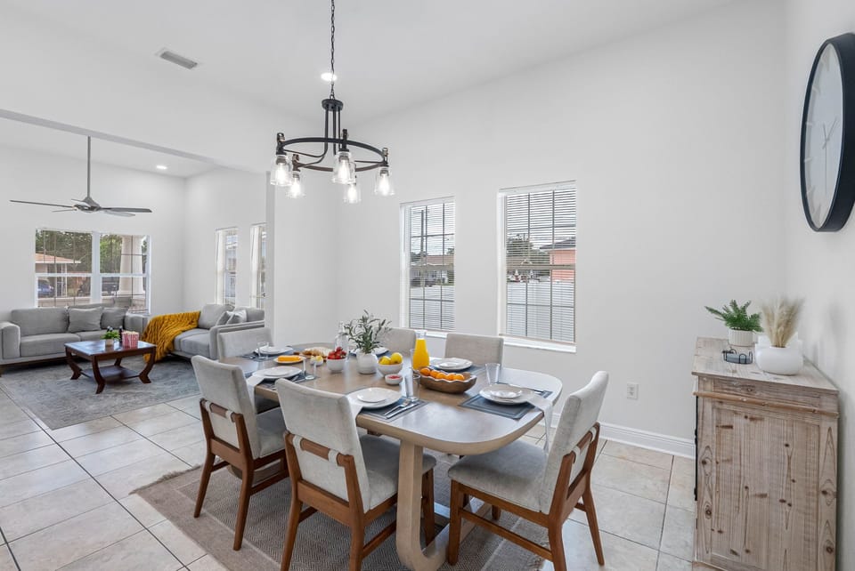 This warm and welcoming dining space offers a comfortable environment for enjoying meals with family and friends.