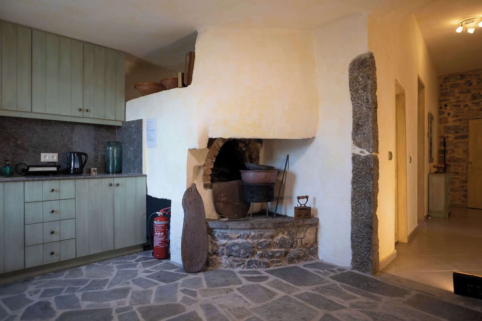 Kitchen and Living Area with Traditional Stone Interior