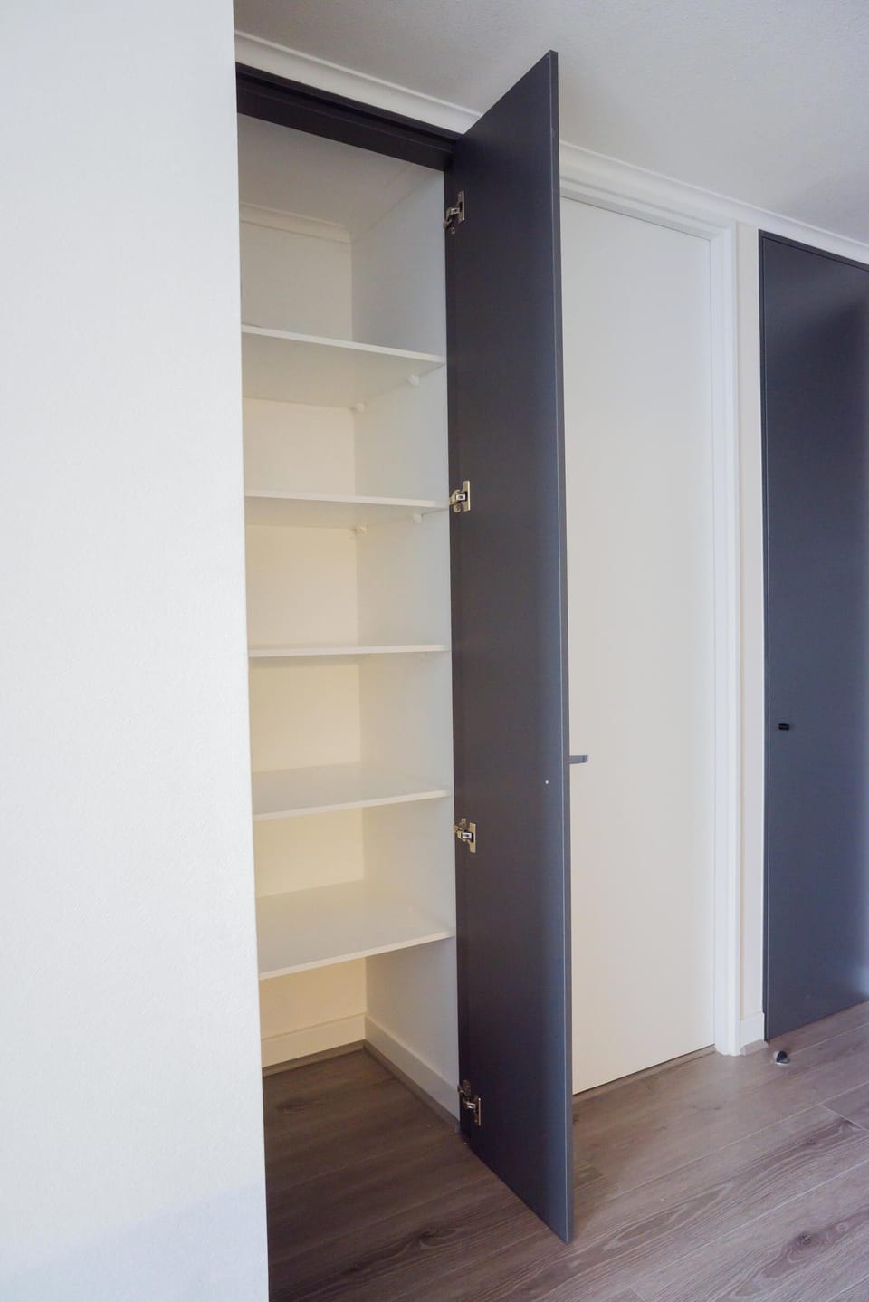 Spacious closet with ample shelving for all your storage needs in this cozy studio apartment.