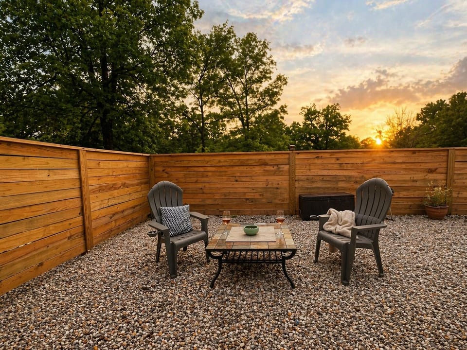Large weather-proof Adirondack-style chairs are provided in the outdoor spaces. 