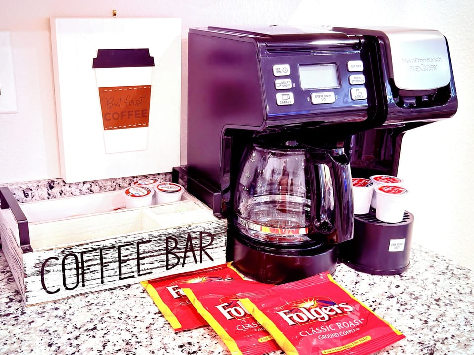 Cozy morning with keurig/drip coffee maker.