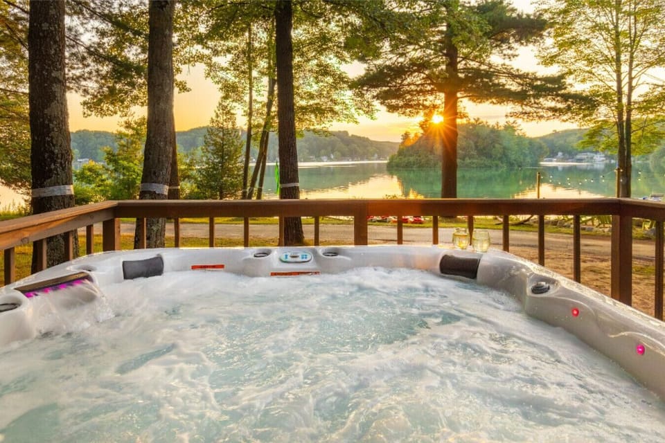 Outdoor hot tub overlooking the lake.
