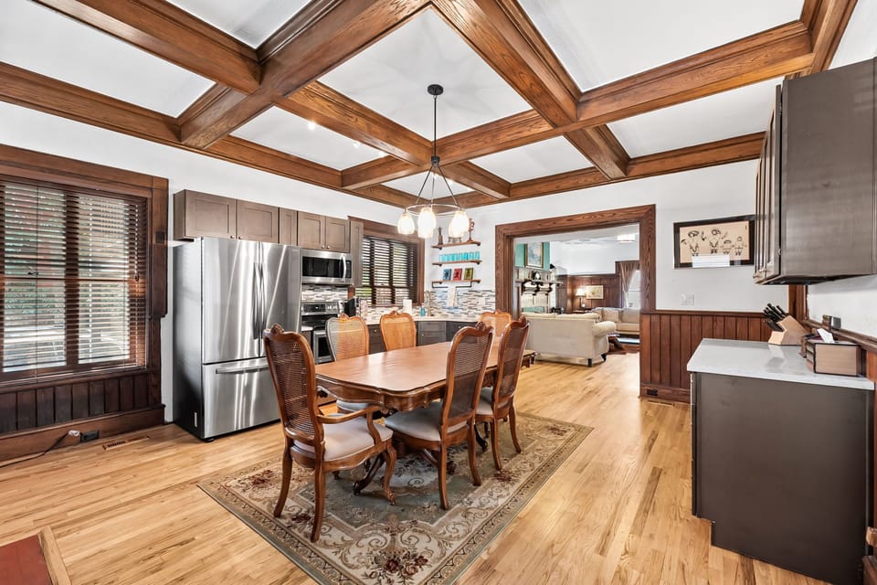 Dining Room with Rich Wood Accents and Seating for Six