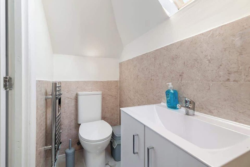 - Compact bathroom with sink and modern toilet  
- Skylight brightens this functional clean space  
- Neutral tones add warmth to the fresh design  