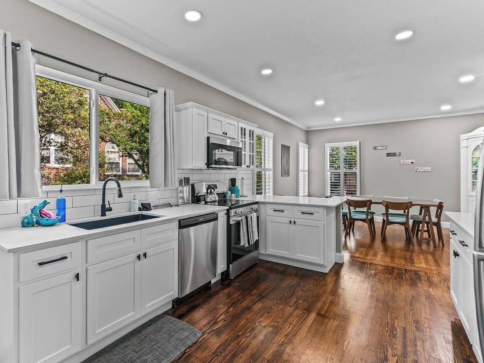Your kitchen has stainless appliances and everything you need for cooking. 