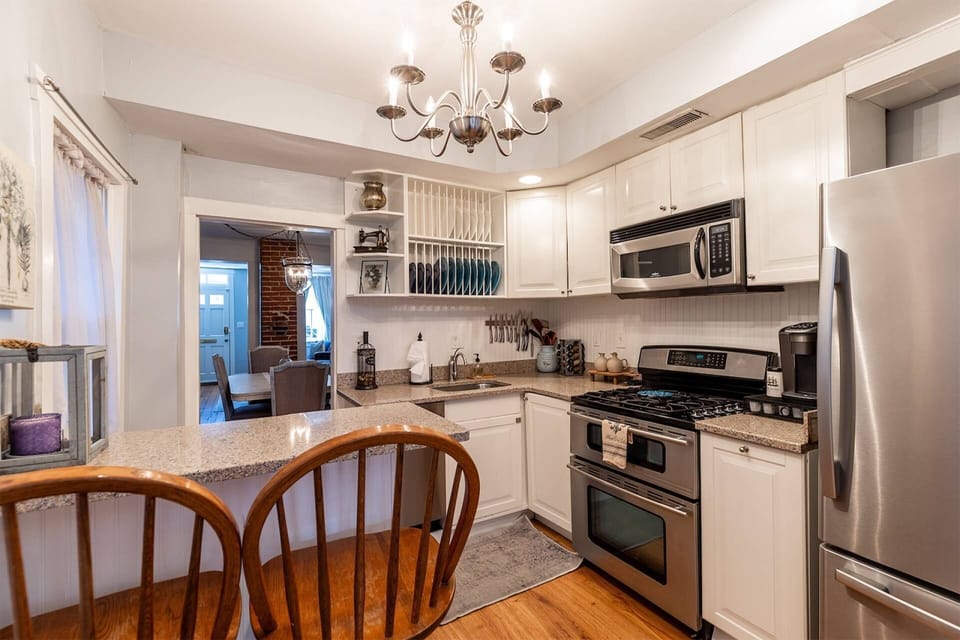 There's seating for 2 more at the breakfast bar in the kitchen.