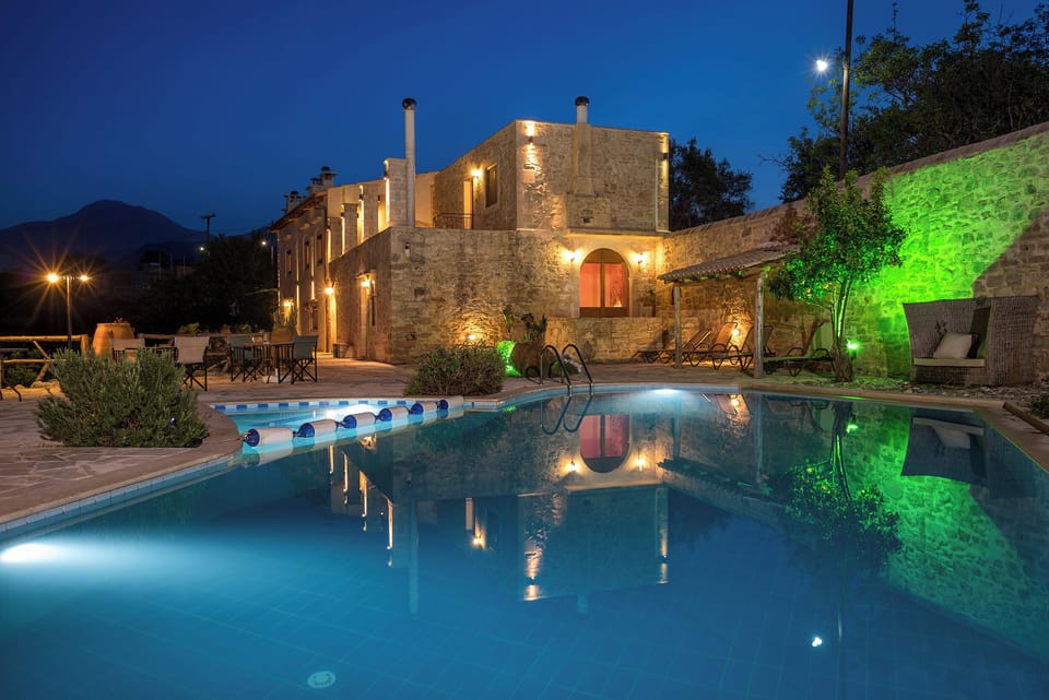 Villa exterior at night