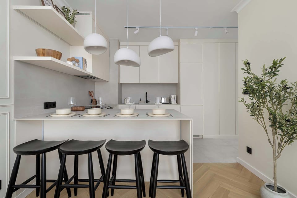Kitchenette features an induction cooktop, oven, microwave, refrigerator, freezer, electric kettle, coffee machine, toaster, dishwasher and dining area.