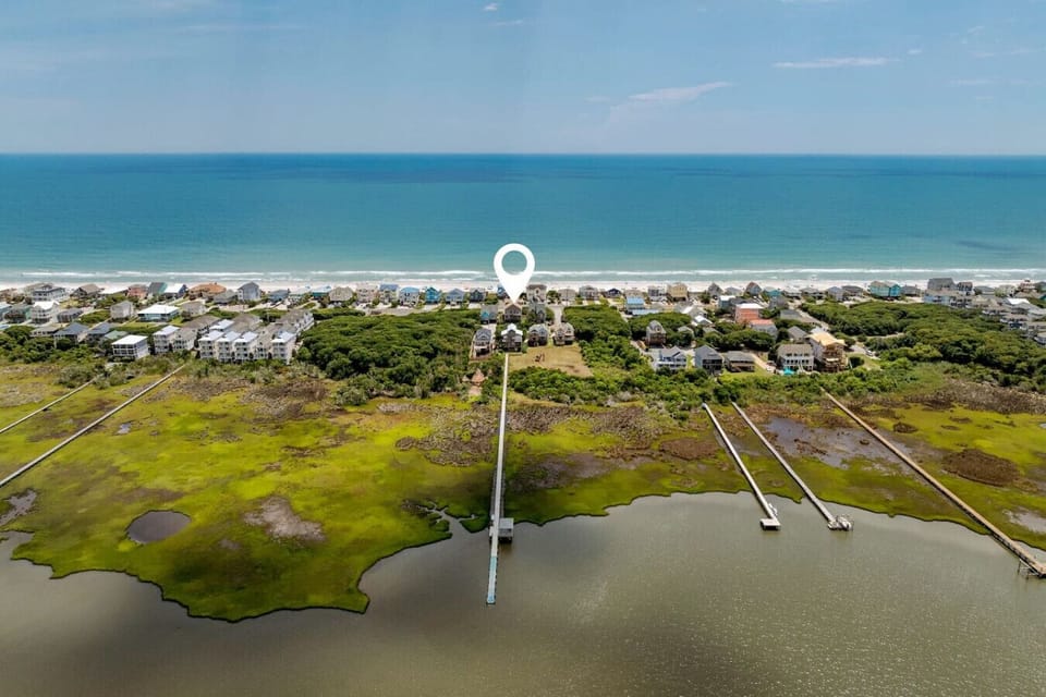 Aerial view of Topsail Beach retreat with easy access to Surf City fun.