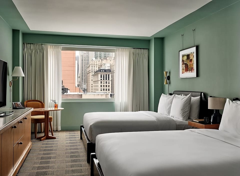 Unwind in airy comfort with skyline views and plush beds.
