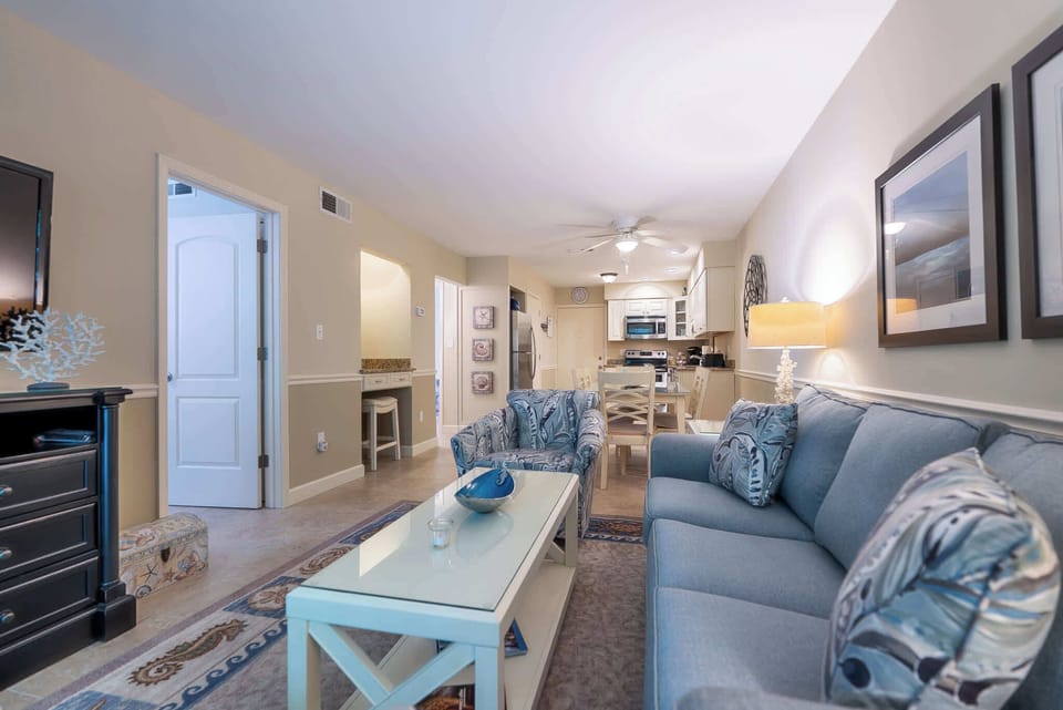 Bright and airy living space, perfect for movie nights or post-beach lounging.
