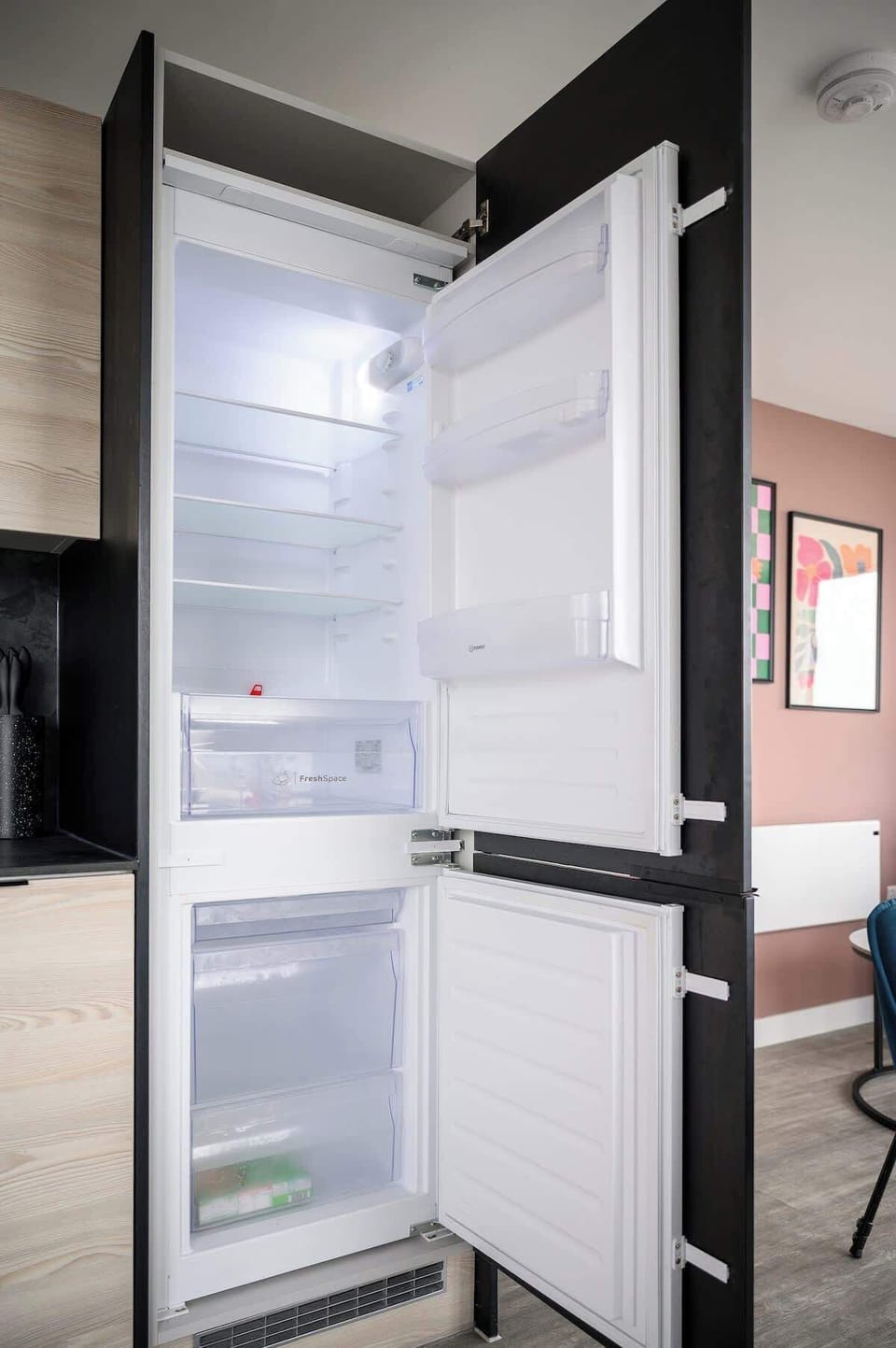 Large fridge-freezer with plenty of space for a weekly shop or stocking up on essentials during your stay