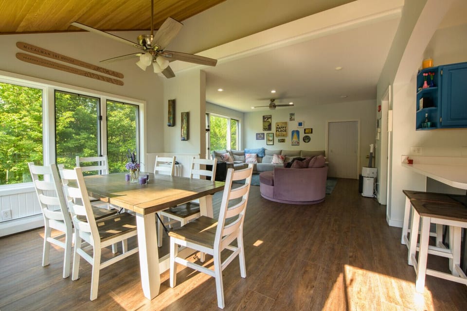 Dining room table and living room
