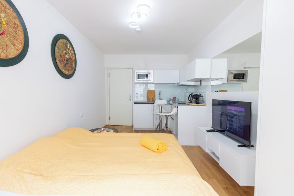 Everything you need in one place – bedroom, TV and a functional kitchenette.