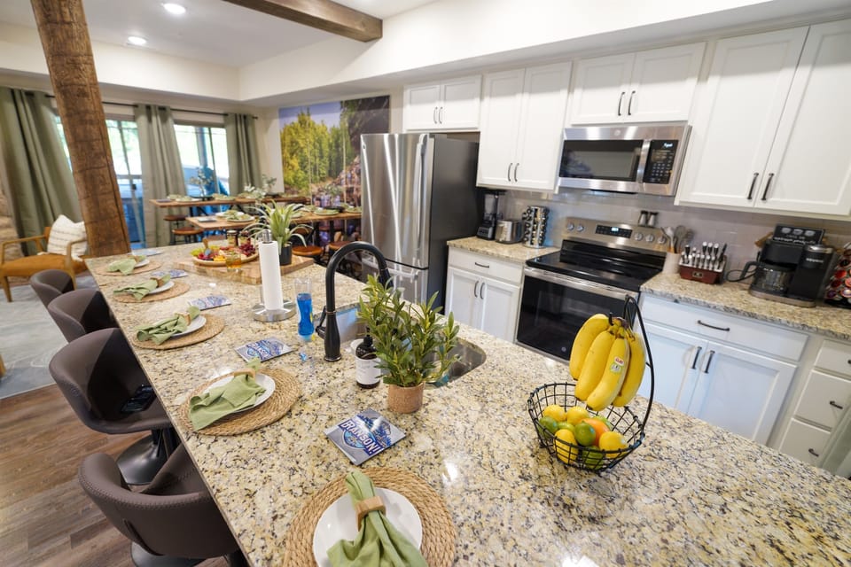 Kitchen dining and outdoor spaces are all connected