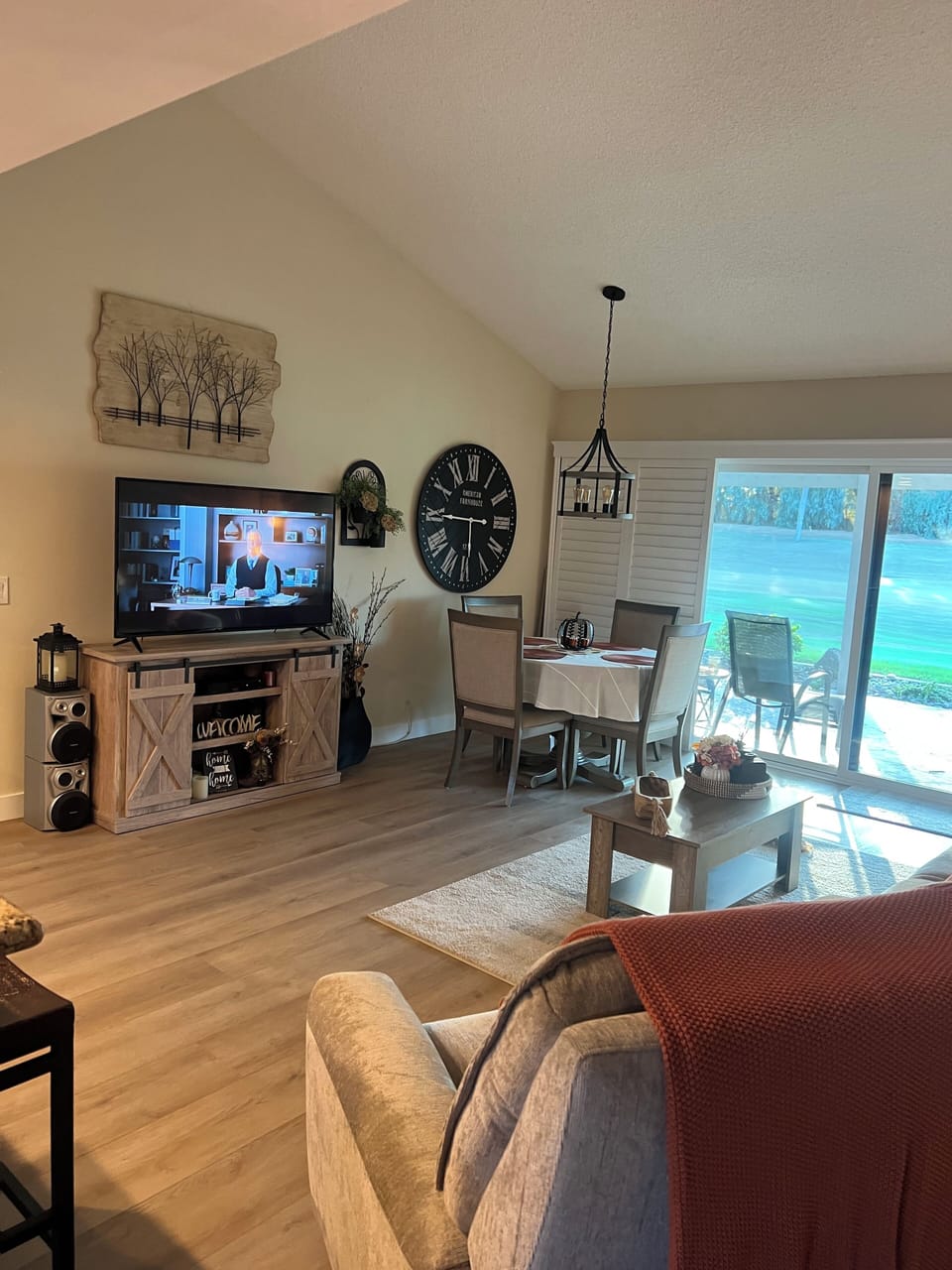 View from living room with TV and stereo