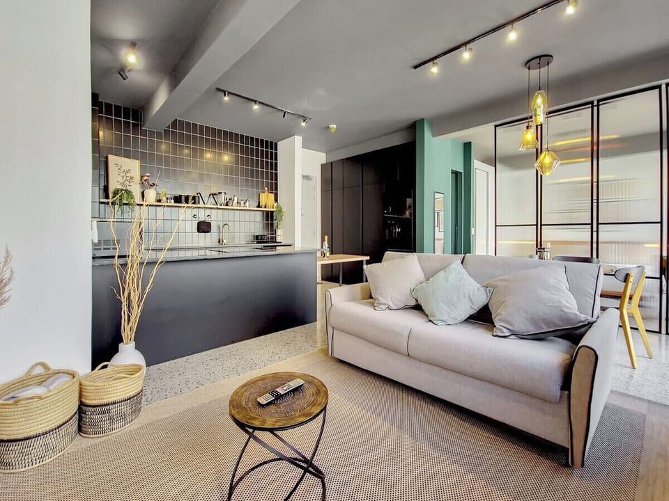 Open plan living room and kitchen and dining area