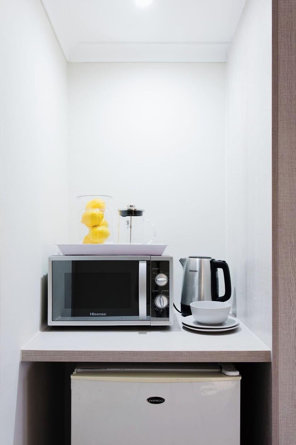 Bar fridge to store some cooldrink or milk for tea, or take out, kettle and microwave