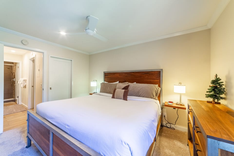 Bedroom has a ceiling fan, closet and dresser space for clothing storage.