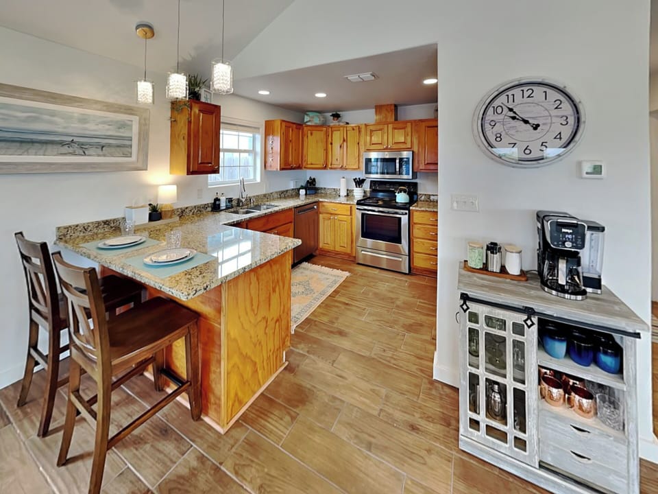 Kitchen with Bar Seating + Coffee Bar