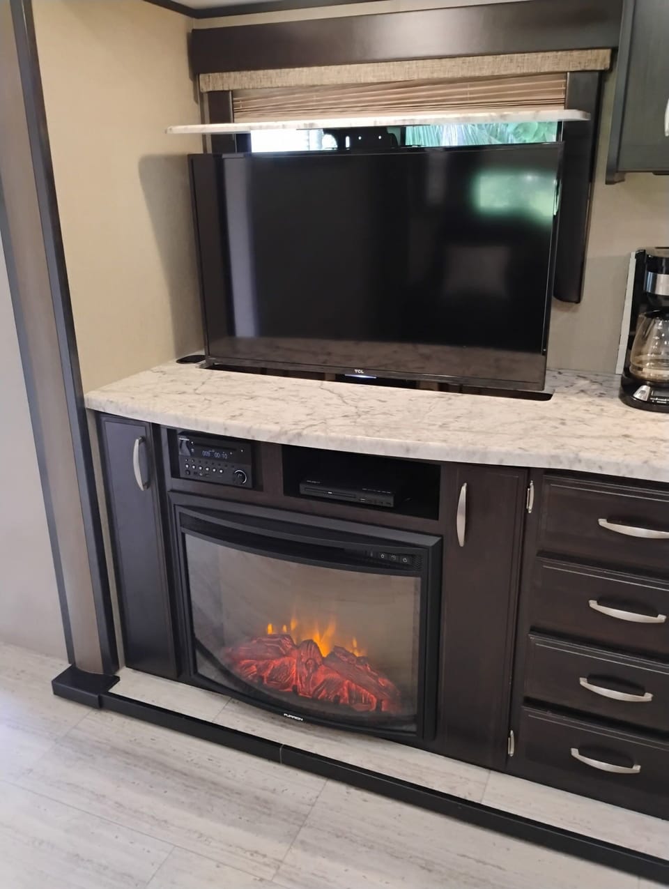TV and functional fireplace