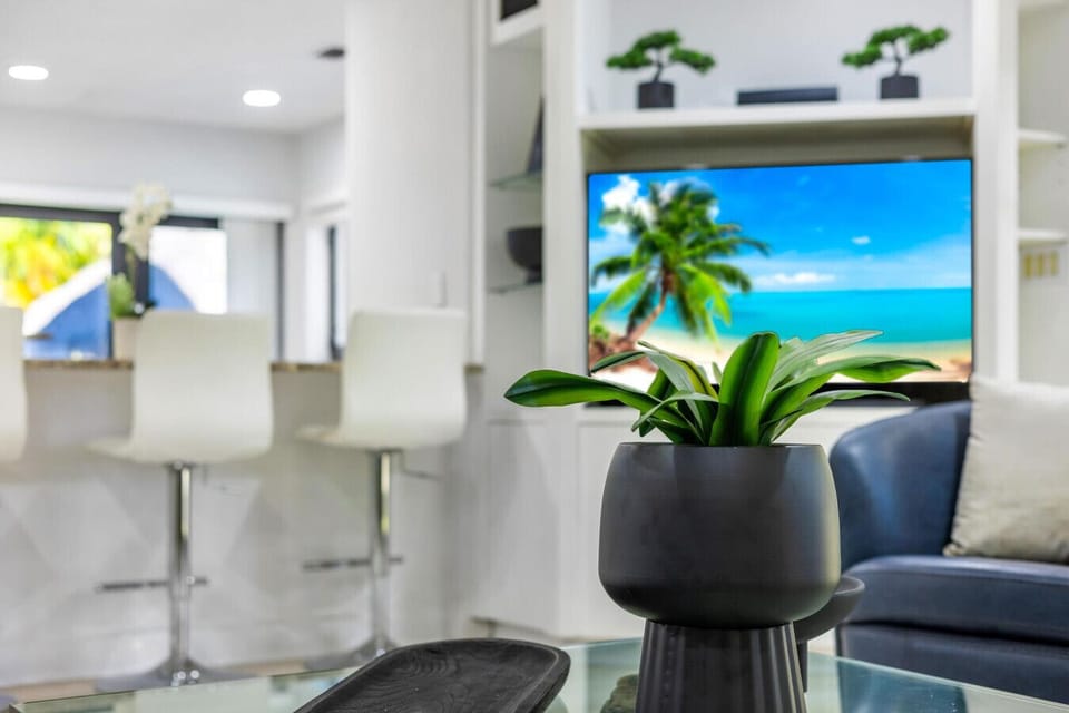 Contemporary lounge and kitchen space with sleek furnishings and bright atmosphere