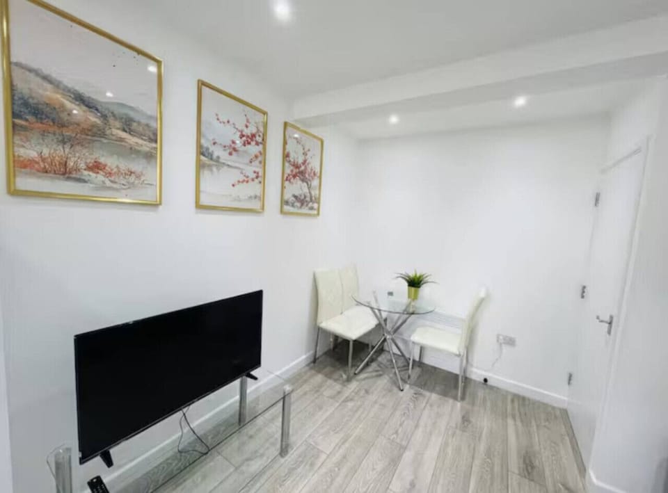 Spacious dining table for meals or remote work.