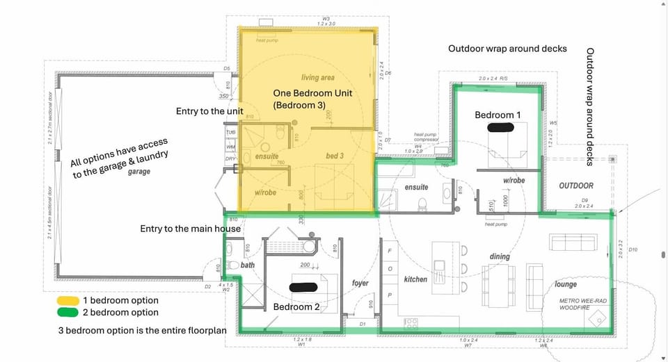 Floorplan showing the apartment in yellow.  The green area will be locked off.