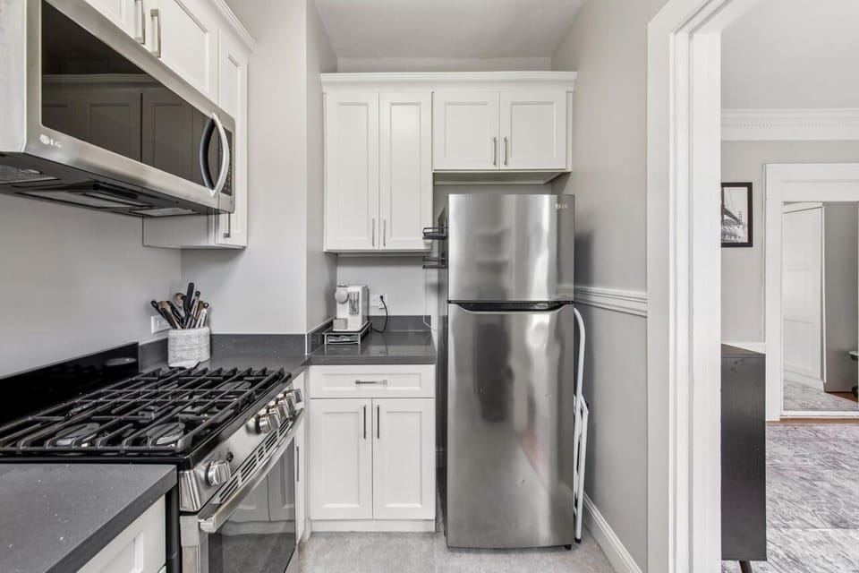 Stainless appliances and efficient kitchen. Nespresso maker - yum!
