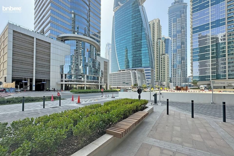 "Marvel at the stunning architectural panorama from our building view."