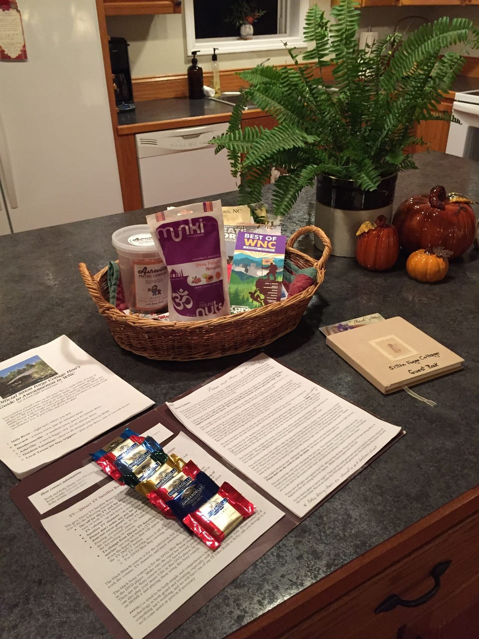 Kitchen island with welcome basket for our guests!