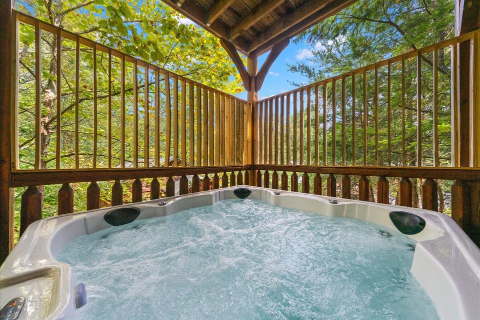 Brand new hot tub on a relaxing back deck