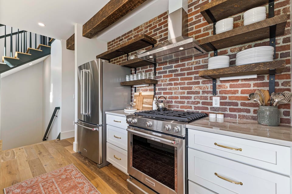 Modern kitchen with rustic charm.