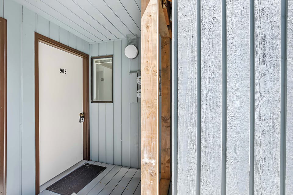 The entry door from the outside.
