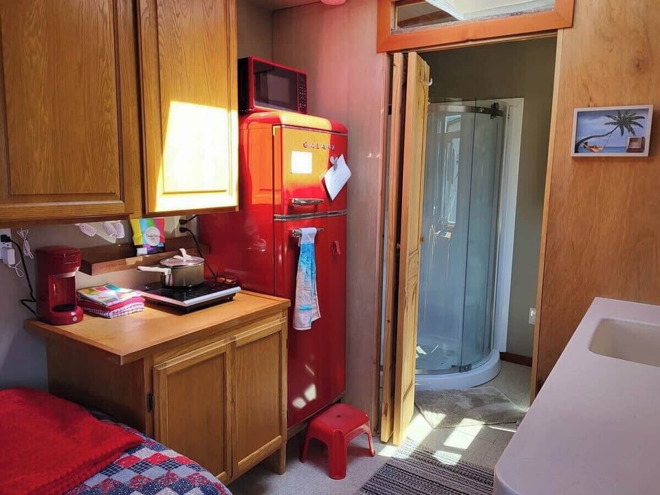 Kitchen has hot plate and electric fry pan for cooking. Microwave on top the fridge. Coffee Kureg for a single cup at a time. Skylight lets in a lot of sunlight, but it also has a dark-out shade that you can close if you're a day sleeper.