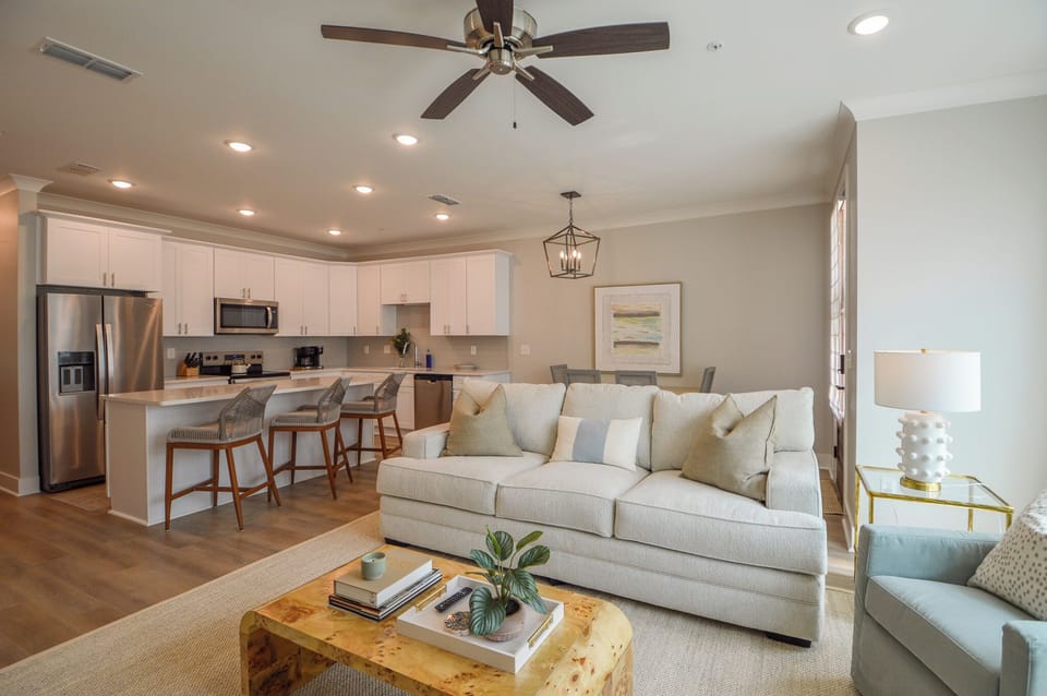 The living room ties nicely into the kitchen area.