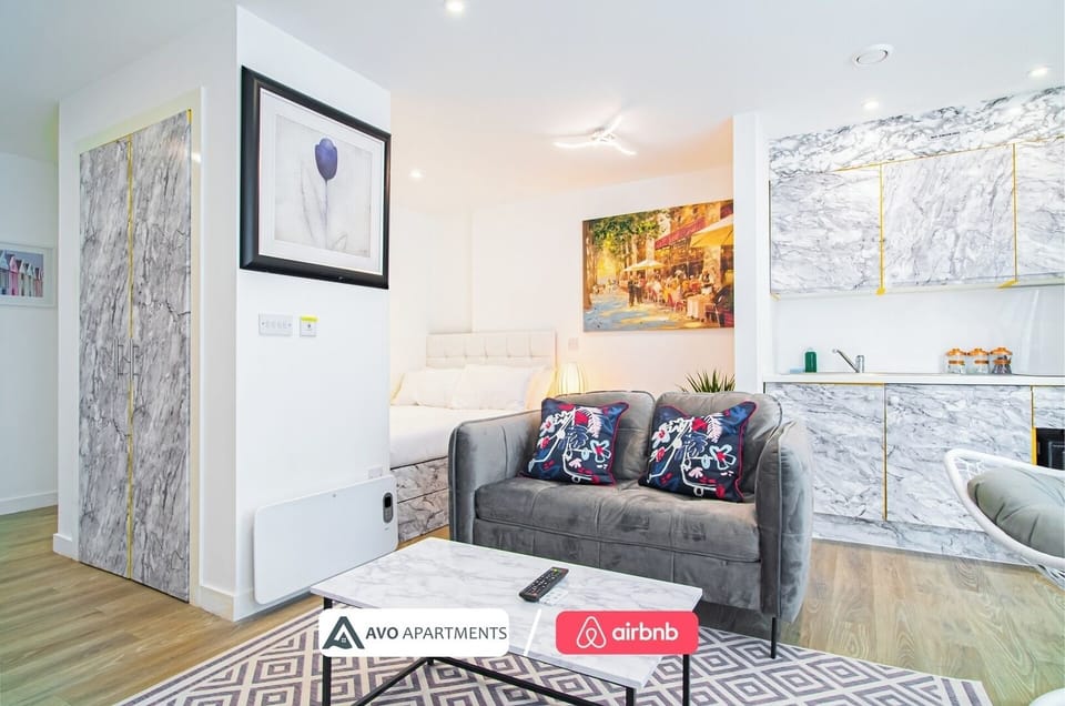 Lounge, Bedroom & Kitchen at Avo Apartments Short Lets & Serviced Accommodation