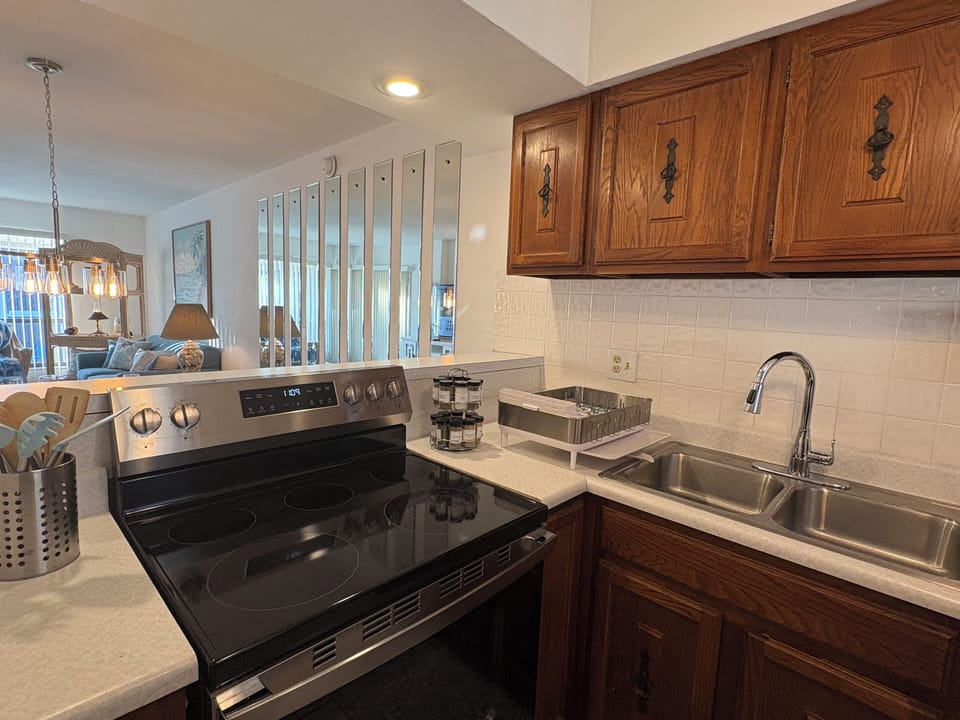 New stainless steel appliances in the kitchen