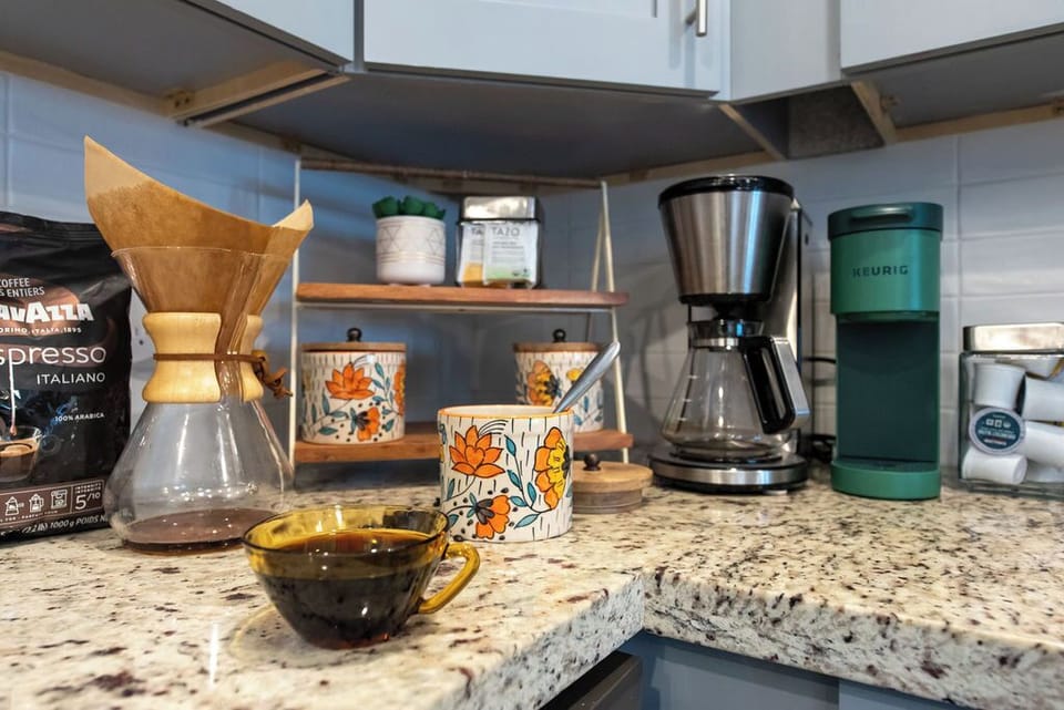 Plenty of coffee options for you - drip, keurig, chemex and frother :)