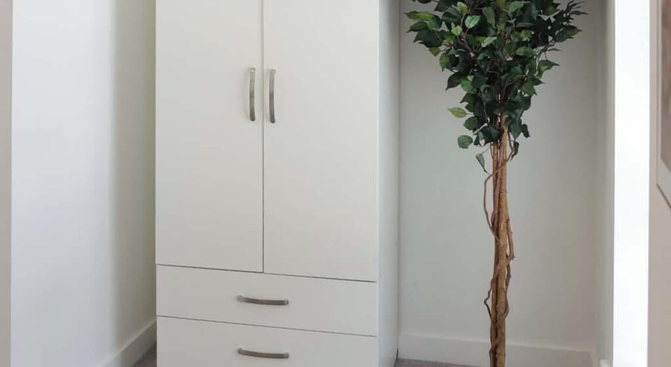 Simple white wardrobe with two doors and two drawers, providing ample storage space. Positioned next to a tall, leafy artificial plant, adding a touch of greenery and a fresh feel to the room’s calm, neutral decor.