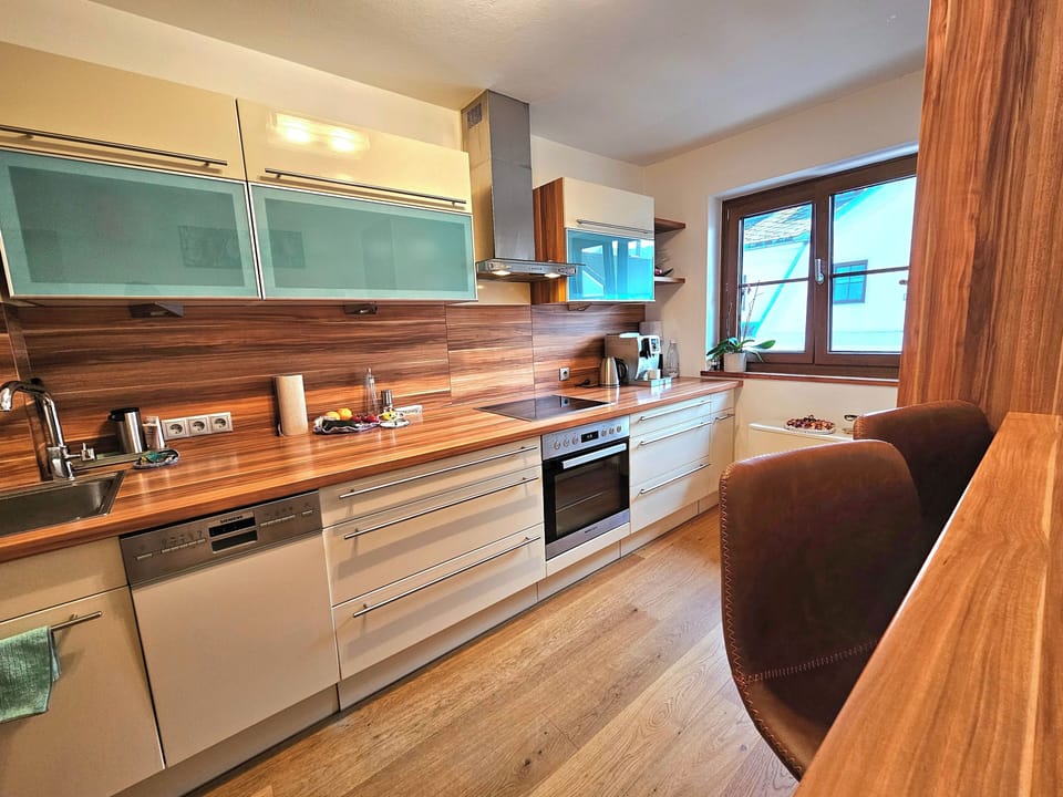 modern kitchen with dishwasher, fridge, freezer, microwave, fully equipped
