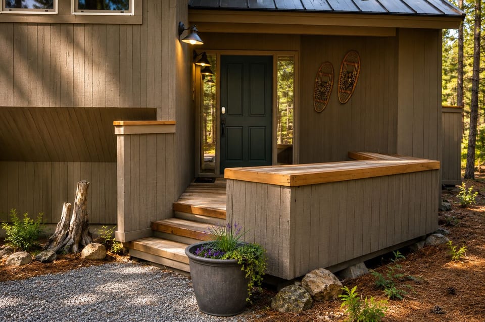 A welcoming entrance nestled among towering pines, where warm light beckons you home after a day of mountain adventure.